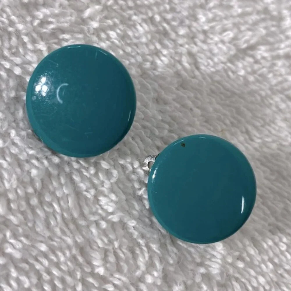 Vintage Teal Painted  Metal Circle Clip On Earrings